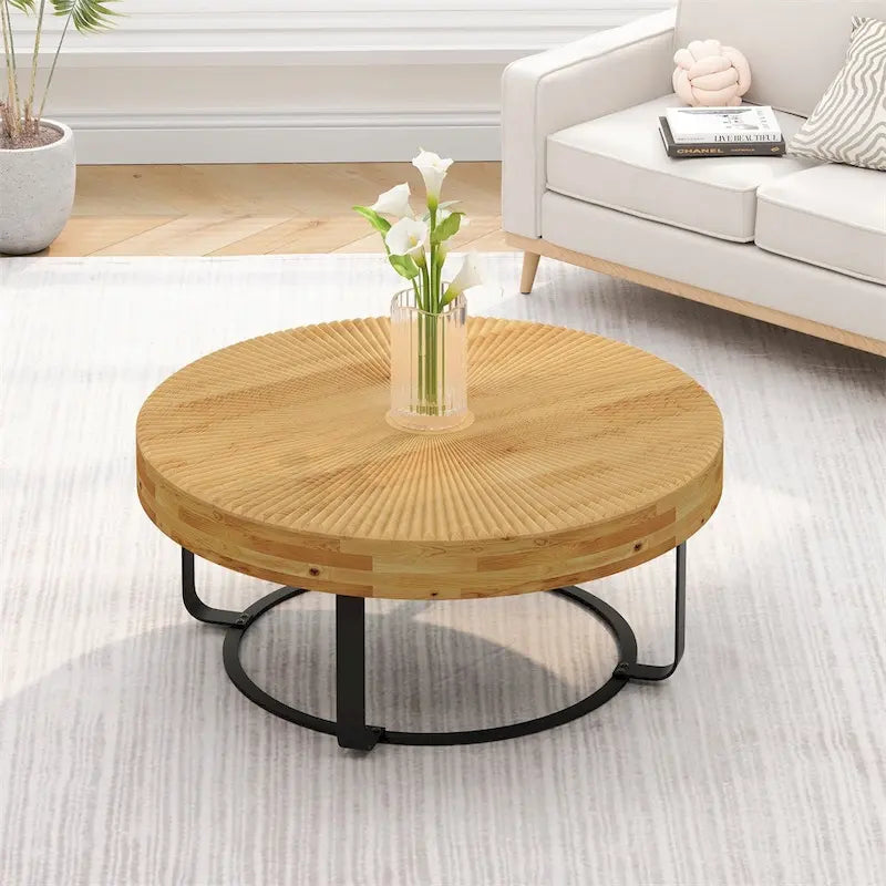 Modern Wood Round Coffee Table with Metal Legs