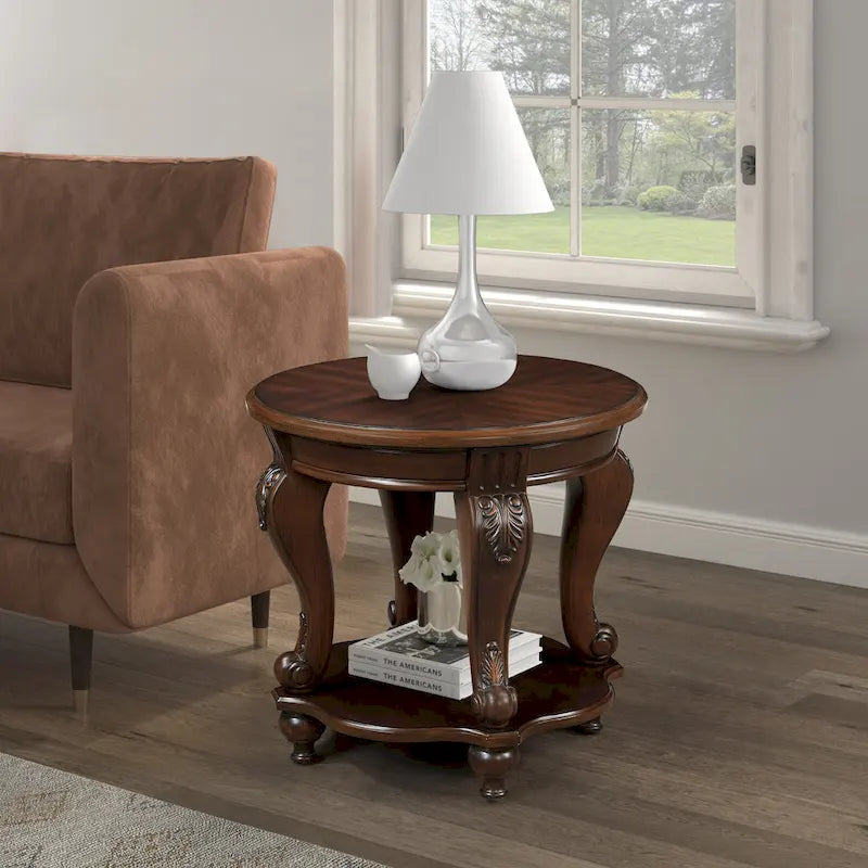 22  Retro Round End Table,Solid Wood Sofa Side Table with Shelf,Living Room Corner Table Easy Assemble