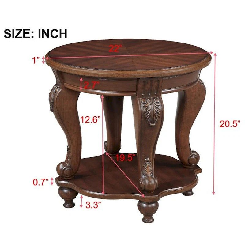 22 Table d'appoint ronde rétro, Table d'appoint de canapé en bois massif avec étagère, Table d'angle de salon facile à assembler