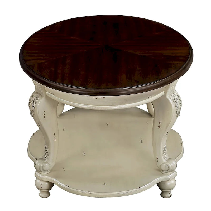 22 Table d'appoint ronde rétro, Table d'appoint de canapé en bois massif avec étagère, Table d'angle de salon facile à assembler