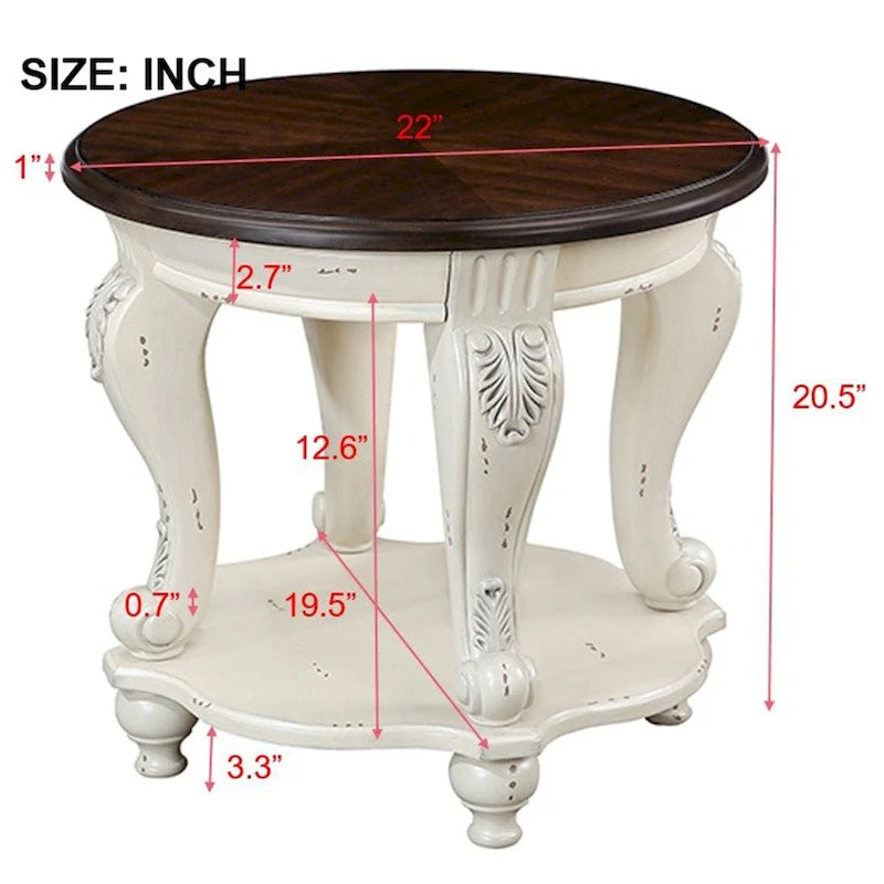 22 Table d'appoint ronde rétro, Table d'appoint de canapé en bois massif avec étagère, Table d'angle de salon facile à assembler