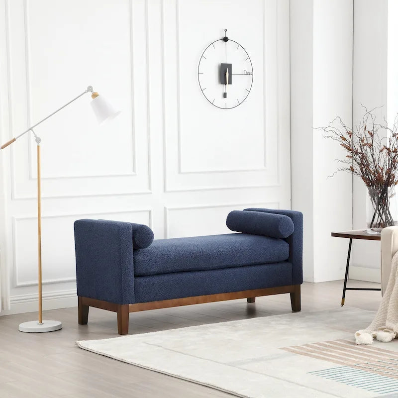 53.5 W Elegant Upholstered Bench, Ottoman with Wood Legs & Bolster Pillows for End of Bed, Bedroom, Living Room, Entryway