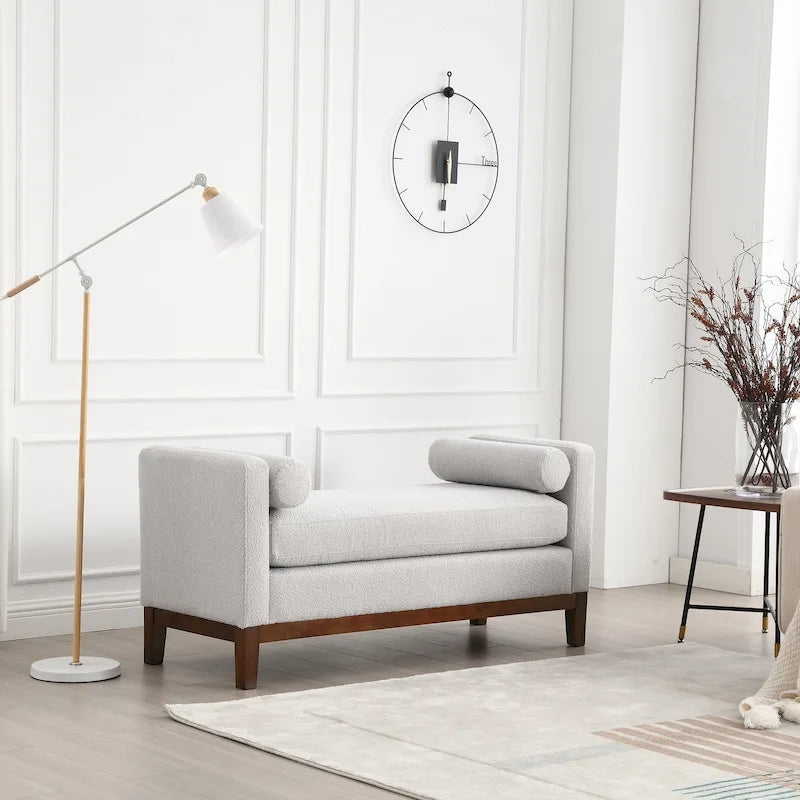 53.5 W Elegant Upholstered Bench, Ottoman with Wood Legs & Bolster Pillows for End of Bed, Bedroom, Living Room, Entryway