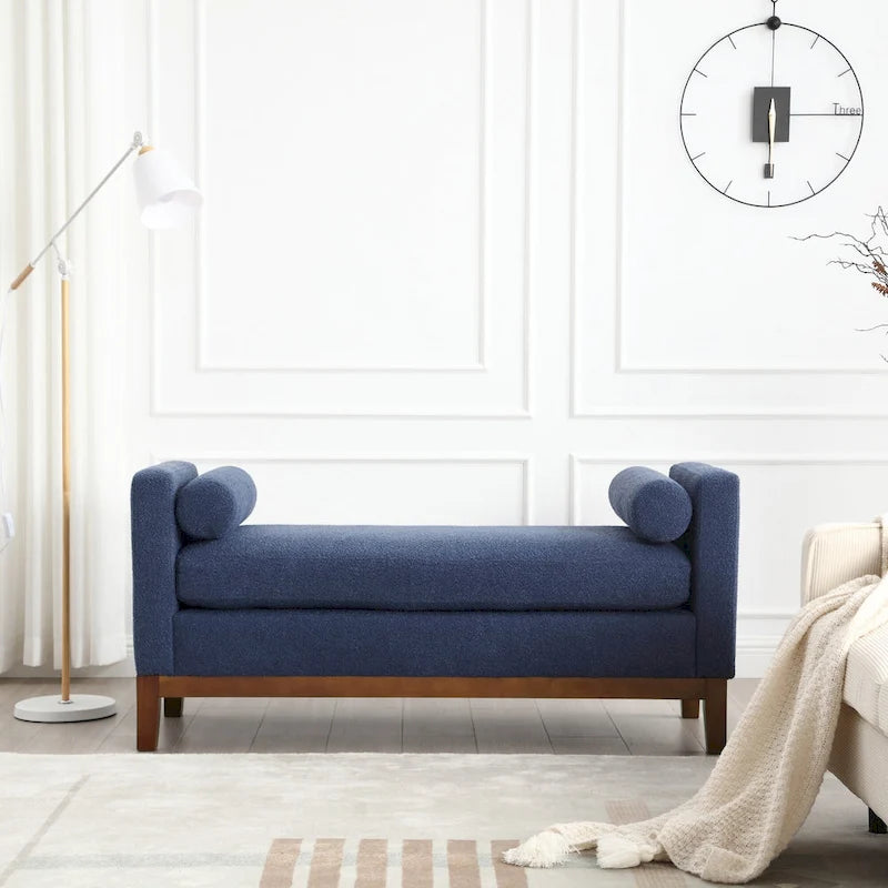 53.5 W Elegant Upholstered Bench, Ottoman with Wood Legs & Bolster Pillows for End of Bed, Bedroom, Living Room, Entryway