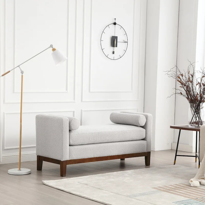53.5 W Elegant Upholstered Bench, Ottoman with Wood Legs & Bolster Pillows for End of Bed, Bedroom, Living Room, Entryway