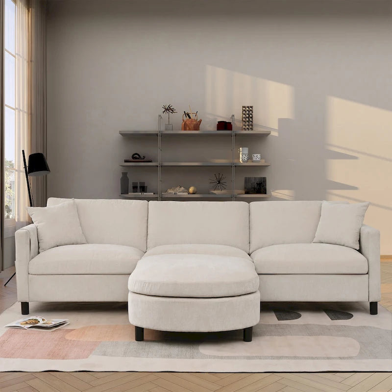 Beige 107.87  Spacious 4-Seater Sofa with Movable Ottoman