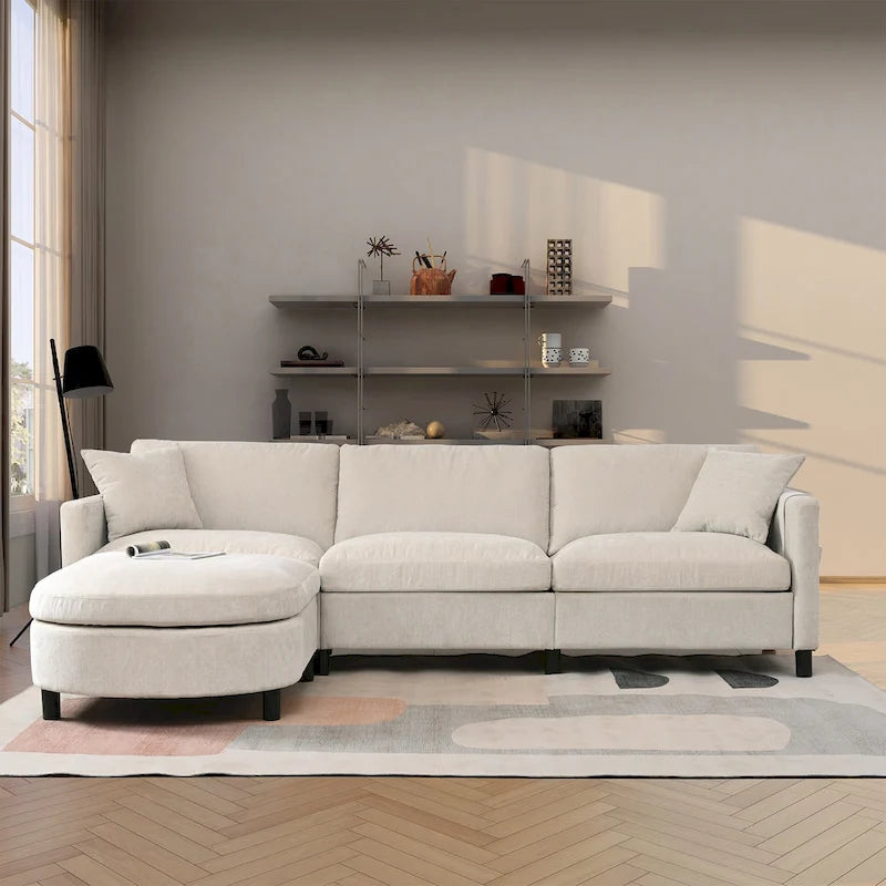 Beige 107.87  Spacious 4-Seater Sofa with Movable Ottoman