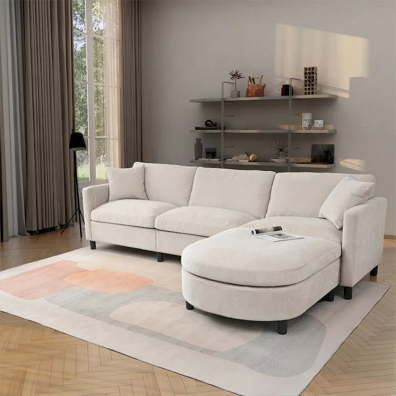 Beige 107.87  Spacious 4-Seater Sofa with Movable Ottoman