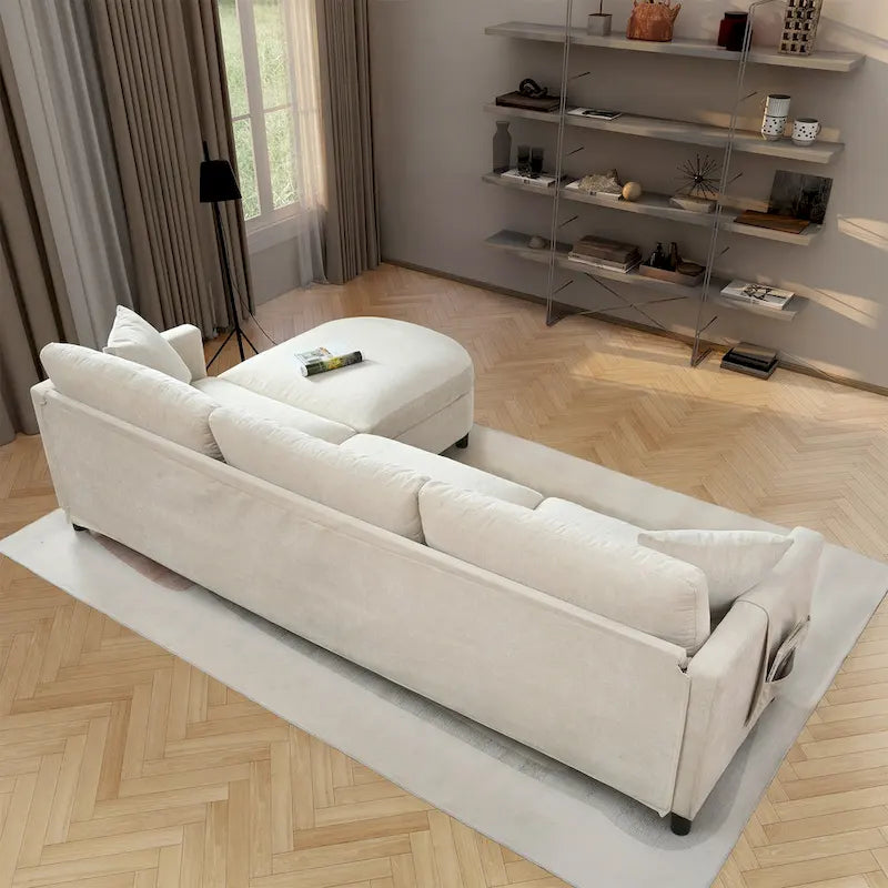 Beige 107.87  Spacious 4-Seater Sofa with Movable Ottoman