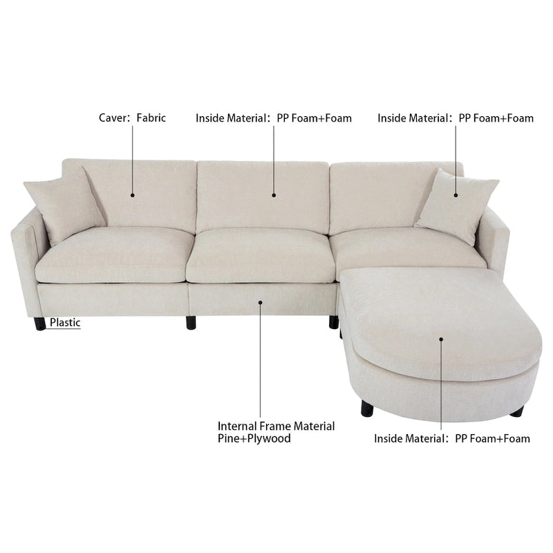 Beige 107.87  Spacious 4-Seater Sofa with Movable Ottoman