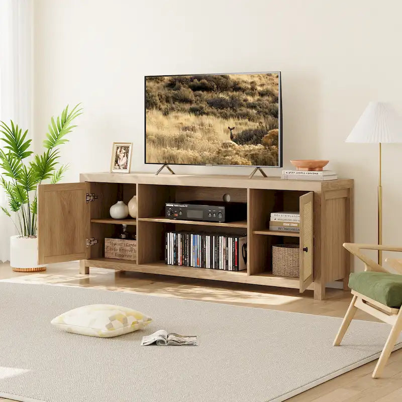Rattan TV Stand for 75 Inch, Boho Entertainment Center with Storage and Doors