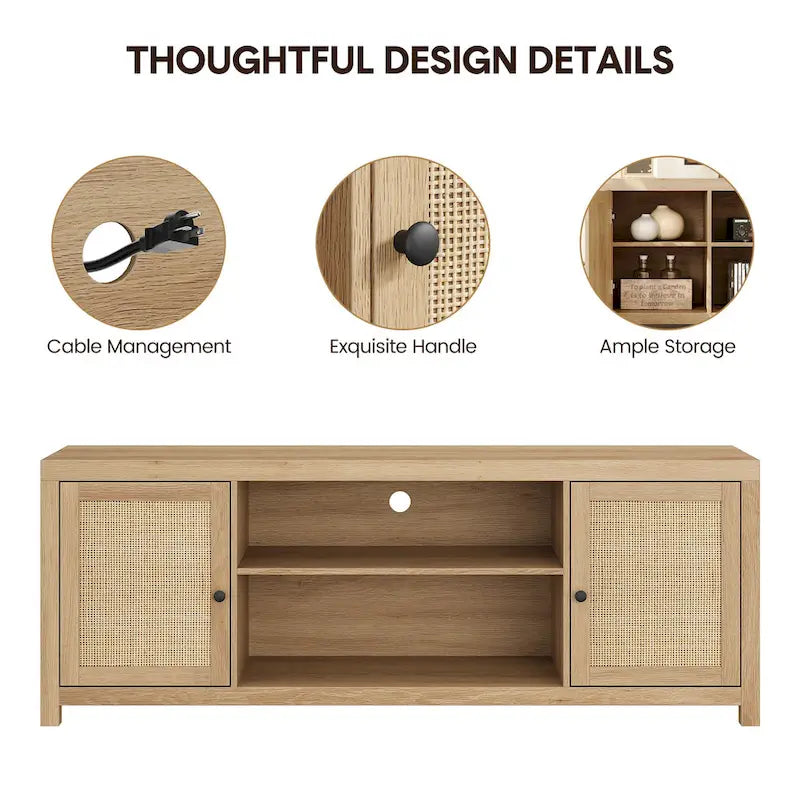 Rattan TV Stand for 75 Inch, Boho Entertainment Center with Storage and Doors