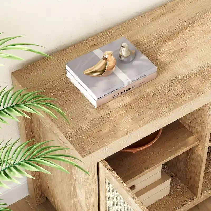 Rattan TV Stand for 75 Inch, Boho Entertainment Center with Storage and Doors