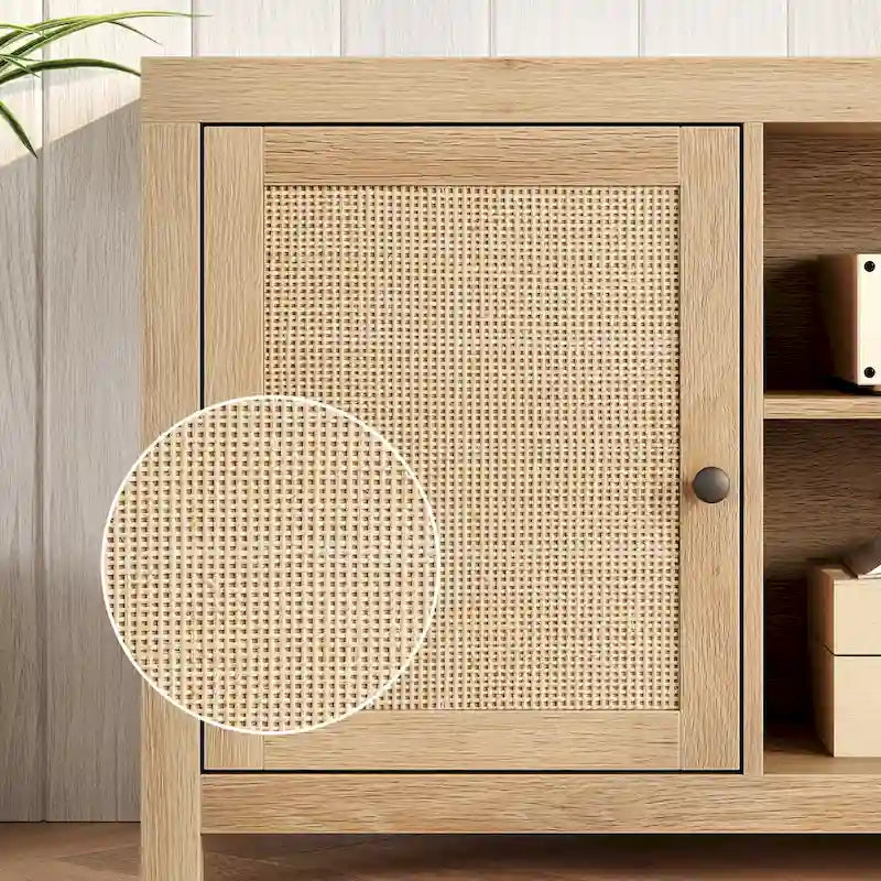 Rattan TV Stand for 75 Inch, Boho Entertainment Center with Storage and Doors
