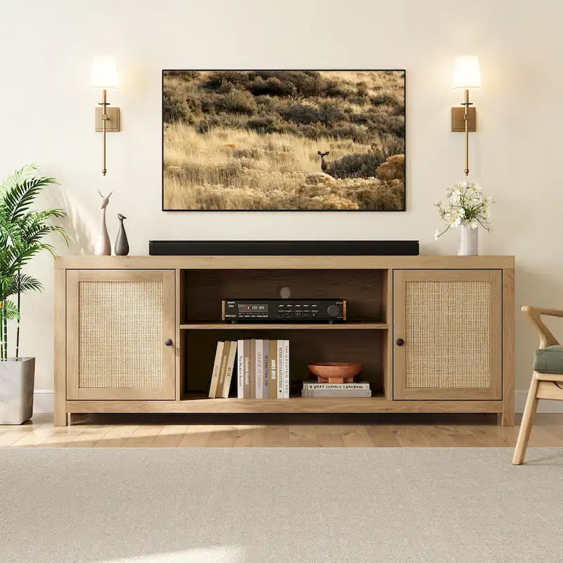Rattan TV Stand for 75 Inch, Boho Entertainment Center with Storage and Doors
