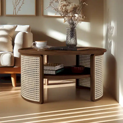 2-Tiered Round Walnut Wood Coffee Table