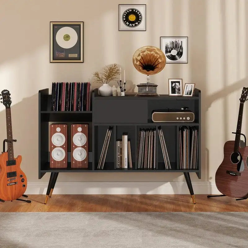 Record Player Stand with Vinyl Storage - 13.78 D x 47.24 W x 33.66 H