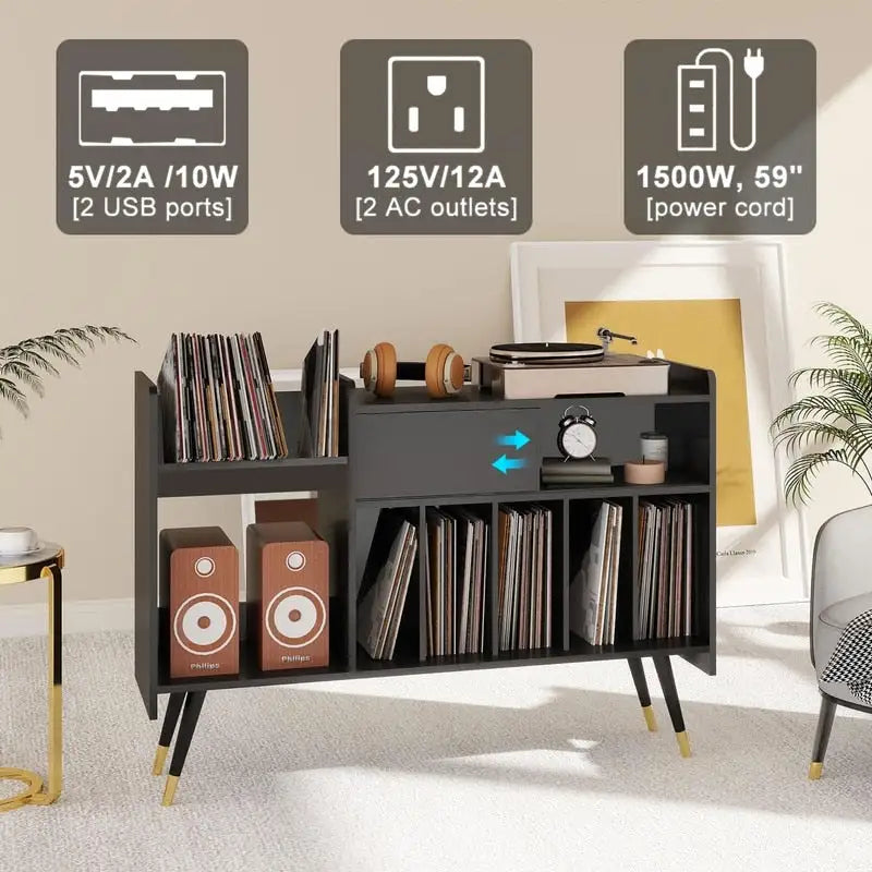 Record Player Stand with Vinyl Storage - 13.78 D x 47.24 W x 33.66 H