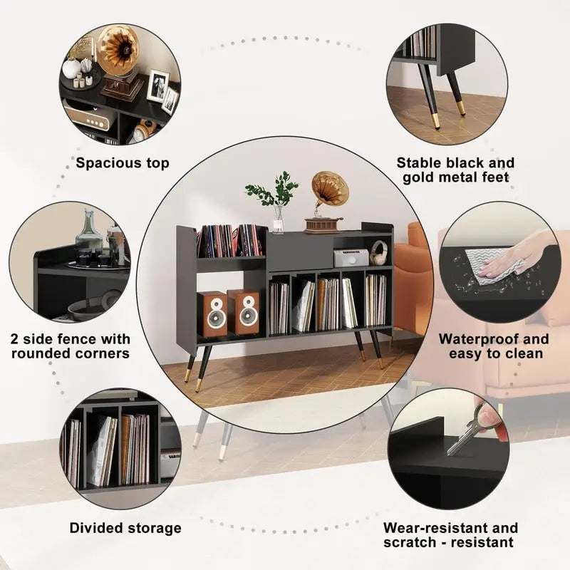 Record Player Stand with Vinyl Storage - 13.78 D x 47.24 W x 33.66 H