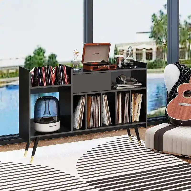 Record Player Stand with Vinyl Storage - 13.78 D x 47.24 W x 33.66 H