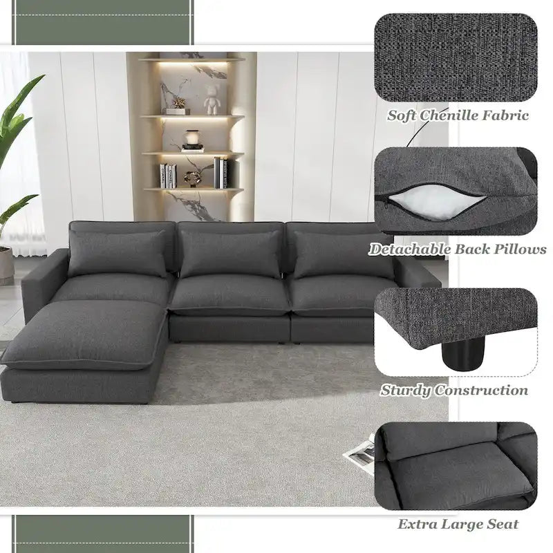 128inch Sectional Sofa Cloud Sofa Chenille Upholstered Sofa