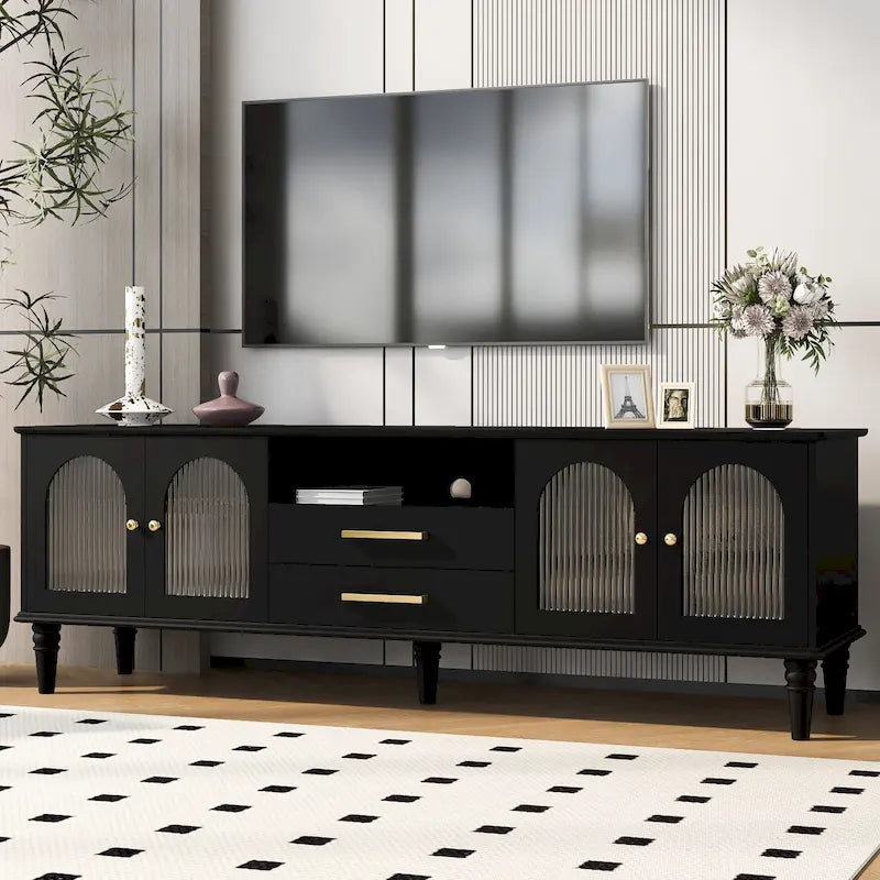 68.9  Retro TV Stand for TVs up to 75 Inches, Entertainment Center Media Console with Fluted Glass Doors for Living Room