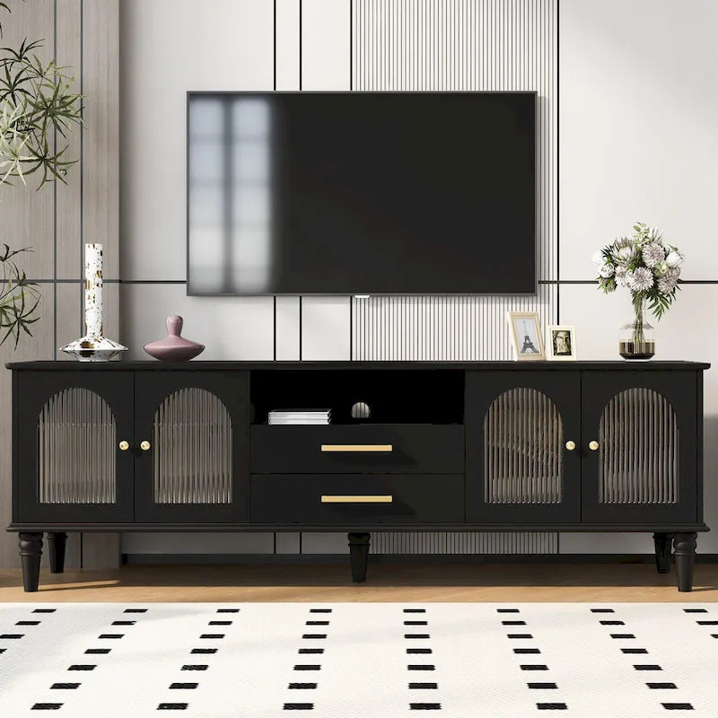 68.9  Retro TV Stand for TVs up to 75 Inches, Entertainment Center Media Console with Fluted Glass Doors for Living Room