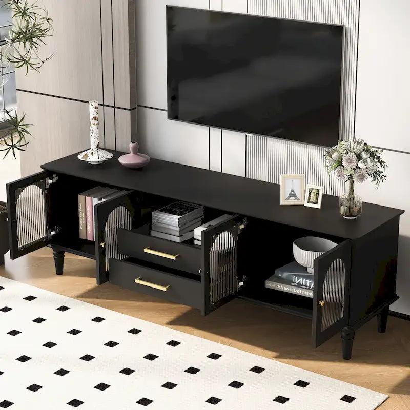 68.9  Retro TV Stand for TVs up to 75 Inches, Entertainment Center Media Console with Fluted Glass Doors for Living Room