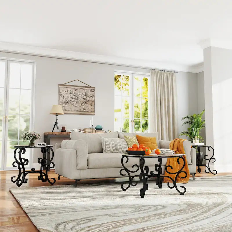 3 Piece Tempered Glass Surface Coffee Table Set, Coffee Table Round End Side Table with Sturdy Construction for Living Room