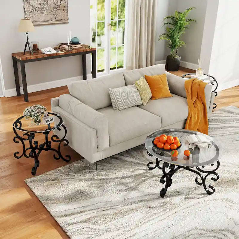 3 Piece Tempered Glass Surface Coffee Table Set, Coffee Table Round End Side Table with Sturdy Construction for Living Room