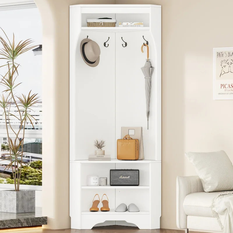 Corner Hall Tree with Shoe Bench - Multifunctional Entryway Coat Rack Featuring 4 Hooks and Adjustable Shelf,29.5 W x 71.6 H
