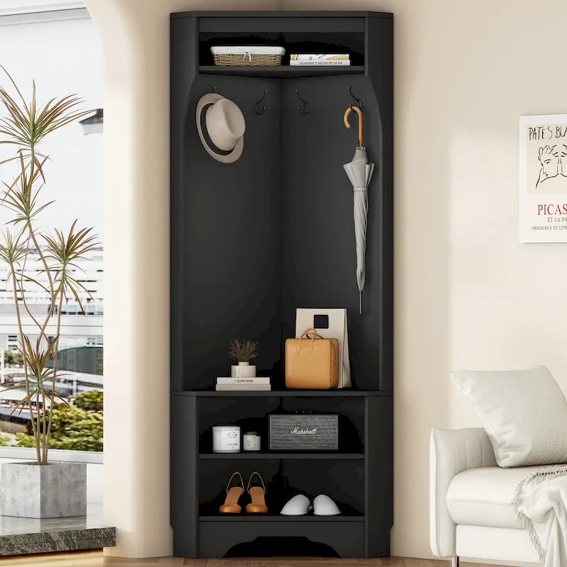 Corner Hall Tree with Shoe Bench - Multifunctional Entryway Coat Rack Featuring 4 Hooks and Adjustable Shelf,29.5 W x 71.6 H 