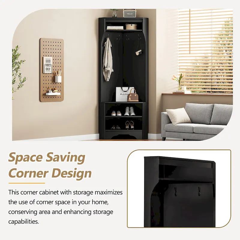 Corner Hall Tree with Shoe Bench - Multifunctional Entryway Coat Rack Featuring 4 Hooks and Adjustable Shelf,29.5 W x 71.6 H