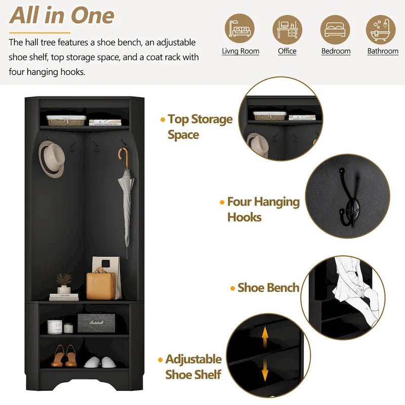 Corner Hall Tree with Shoe Bench - Multifunctional Entryway Coat Rack Featuring 4 Hooks and Adjustable Shelf,29.5 W x 71.6 H