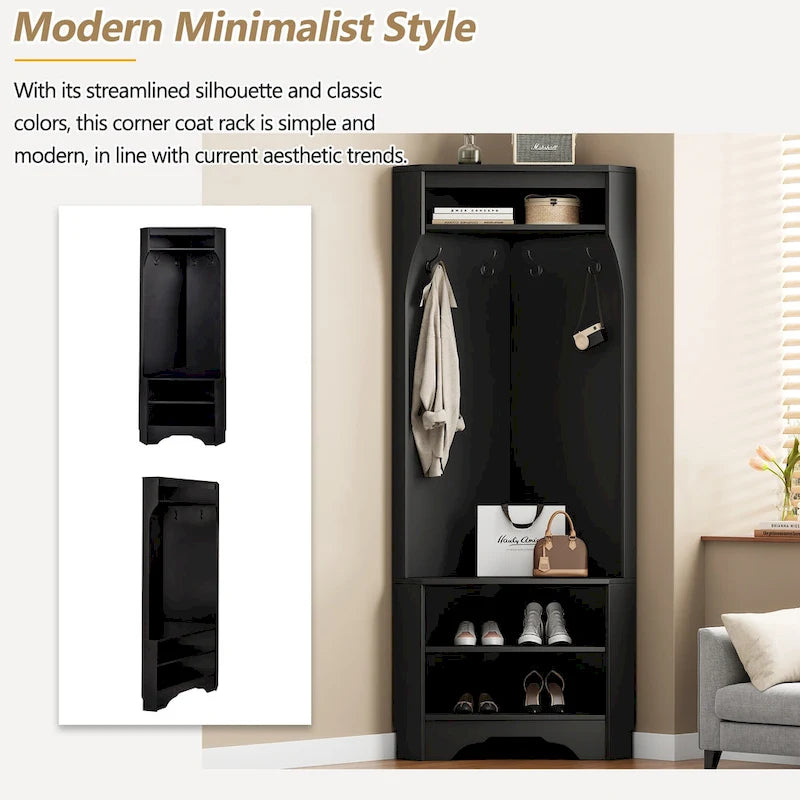 Corner Hall Tree with Shoe Bench - Multifunctional Entryway Coat Rack Featuring 4 Hooks and Adjustable Shelf,29.5 W x 71.6 H