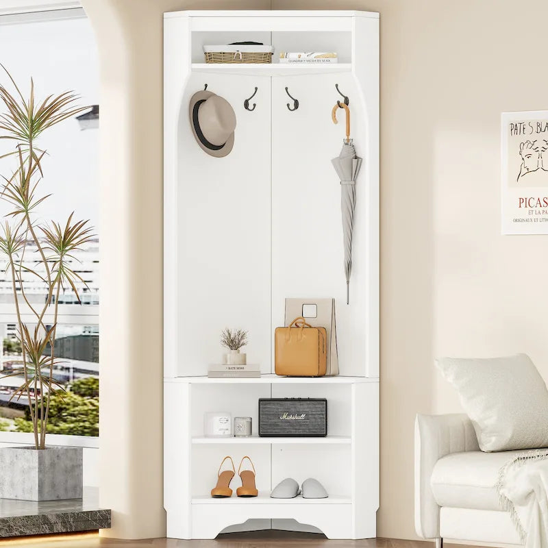 Corner Hall Tree with Shoe Bench - Multifunctional Entryway Coat Rack Featuring 4 Hooks and Adjustable Shelf,29.5 W x 71.6 H