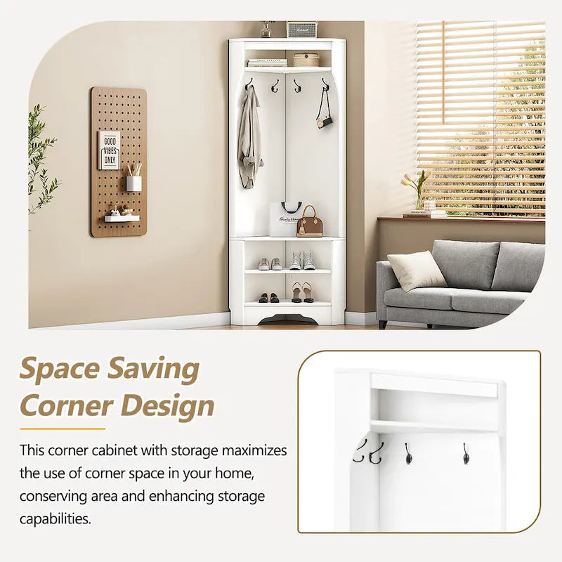Corner Hall Tree with Shoe Bench - Multifunctional Entryway Coat Rack Featuring 4 Hooks and Adjustable Shelf,29.5 W x 71.6 H