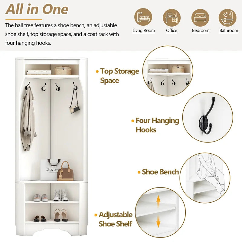 Corner Hall Tree with Shoe Bench - Multifunctional Entryway Coat Rack Featuring 4 Hooks and Adjustable Shelf,29.5 W x 71.6 H