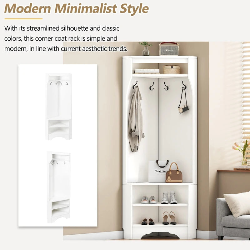 Corner Hall Tree with Shoe Bench - Multifunctional Entryway Coat Rack Featuring 4 Hooks and Adjustable Shelf,29.5 W x 71.6 H