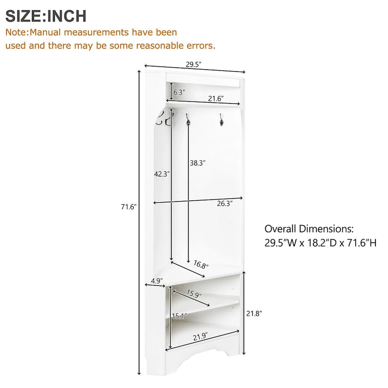 Corner Hall Tree with Shoe Bench - Multifunctional Entryway Coat Rack Featuring 4 Hooks and Adjustable Shelf,29.5 W x 71.6 H
