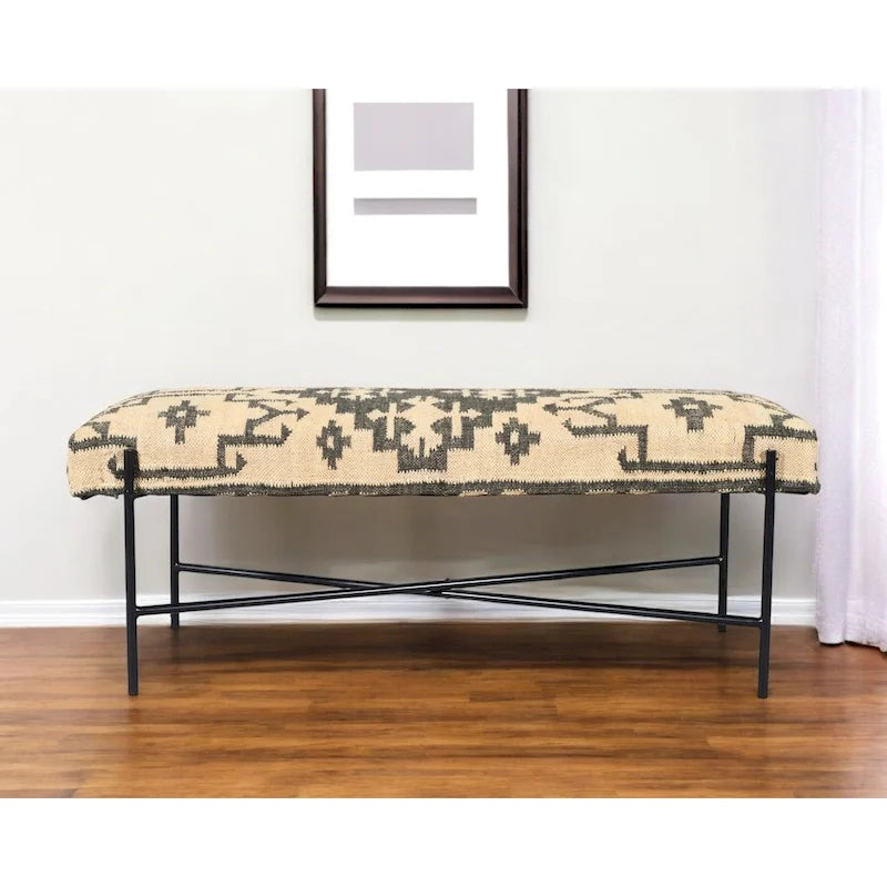 HomeRoots 48  Cream and Black Cotton Blend Upholstered Southwest Bench - 48' X '18' X '16