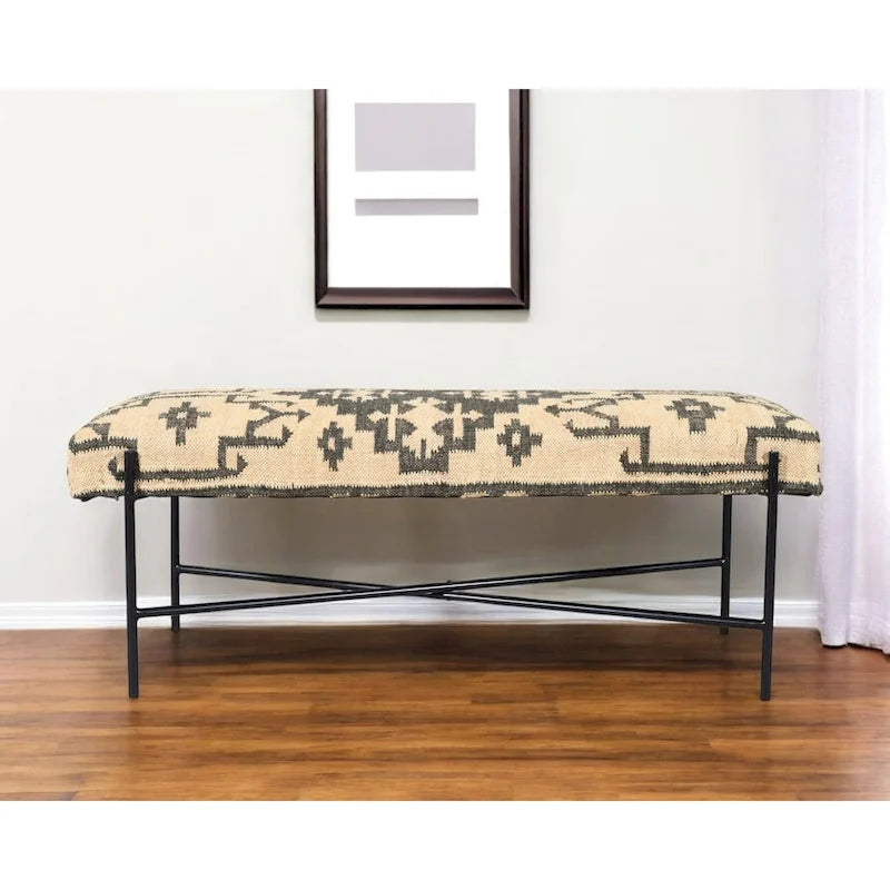 HomeRoots 48  Cream and Black Cotton Blend Upholstered Southwest Bench - 48' X '18' X '16