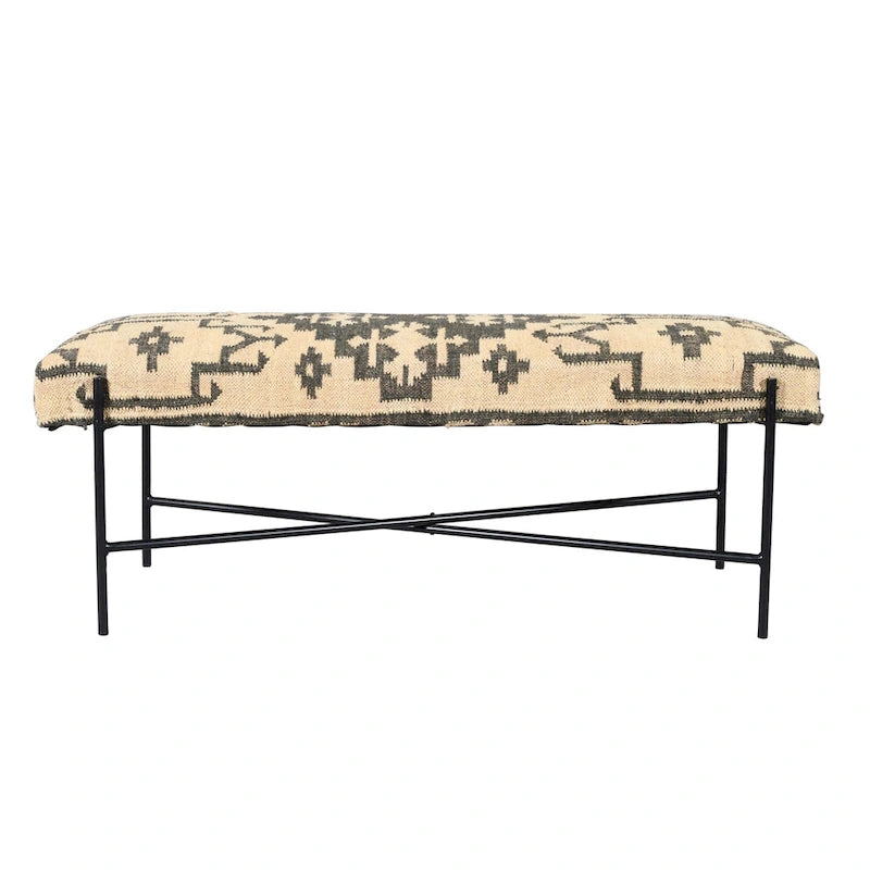 HomeRoots 48  Cream and Black Cotton Blend Upholstered Southwest Bench - 48' X '18' X '16