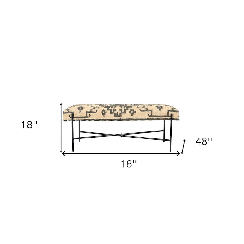 HomeRoots 48  Cream and Black Cotton Blend Upholstered Southwest Bench - 48' X '18' X '16