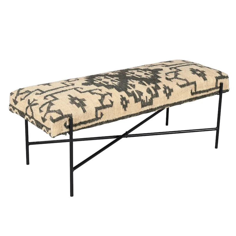 HomeRoots 48  Cream and Black Cotton Blend Upholstered Southwest Bench - 48' X '18' X '16