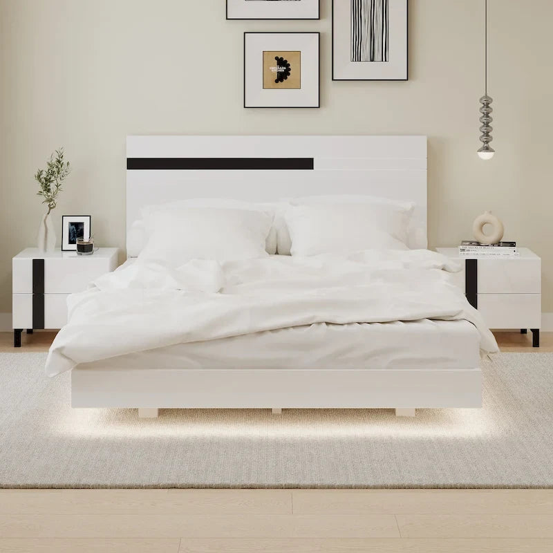 Modern 3-Piece Bedroom Set, Queen Size Platform Bed, Floating Bed Frame with LED Light & 2 Nightstands with Metal Legs