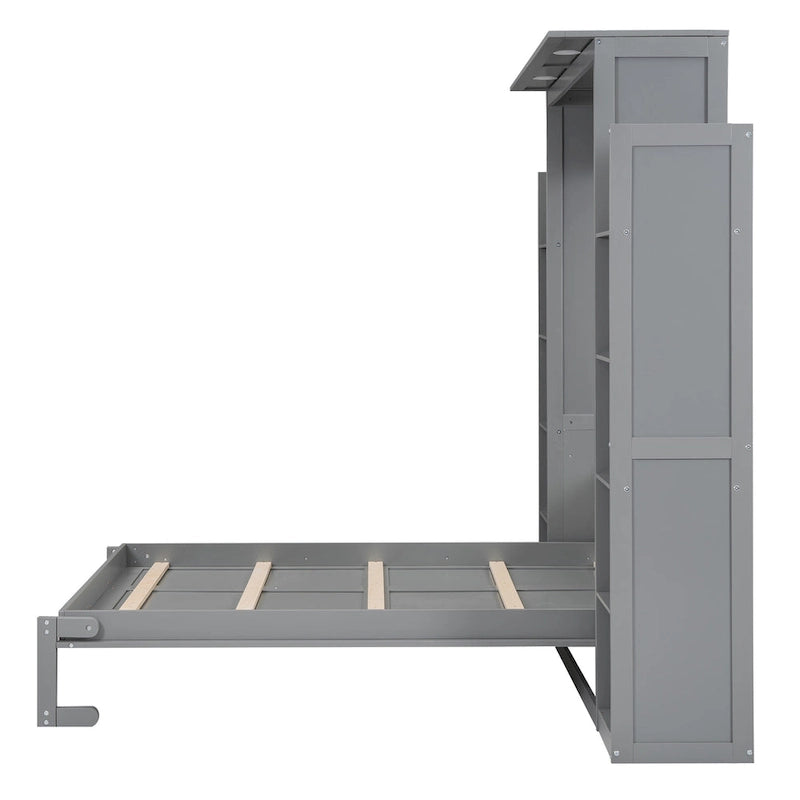 Full Size Murphy Bed Wall Bed with Shelves and LED Lights