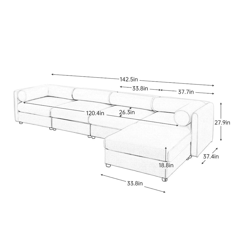 142,5 Canapé modulable d'angle en chenille avec rangement sous l'assise, combinaison DIY