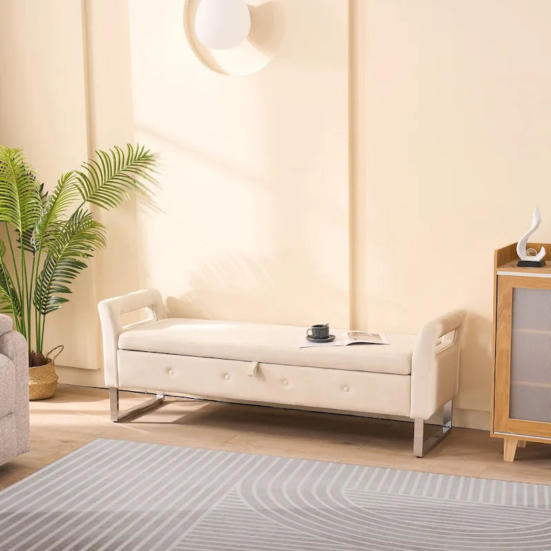 67.91 Wide Velvet Storage Soft Bench with Armrests for Living Room, Entryway and Bedroom