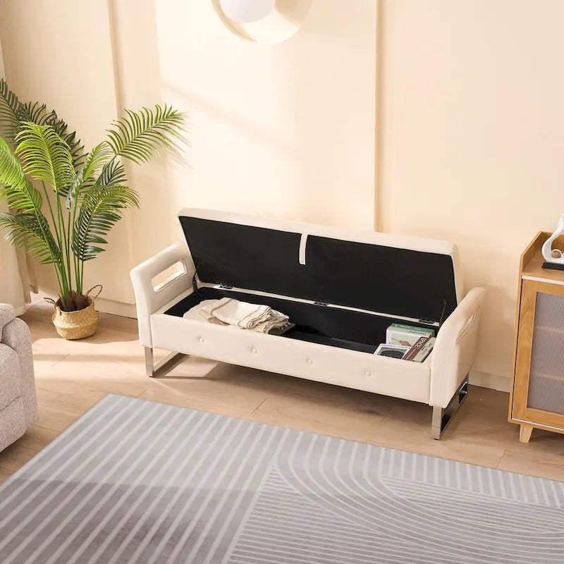 67.91 Wide Velvet Storage Soft Bench with Armrests for Living Room, Entryway and Bedroom